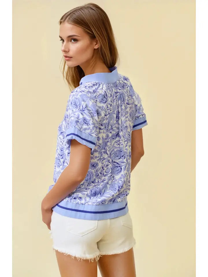 Floral Printed Ruffle Tiered Top - Peri Blue