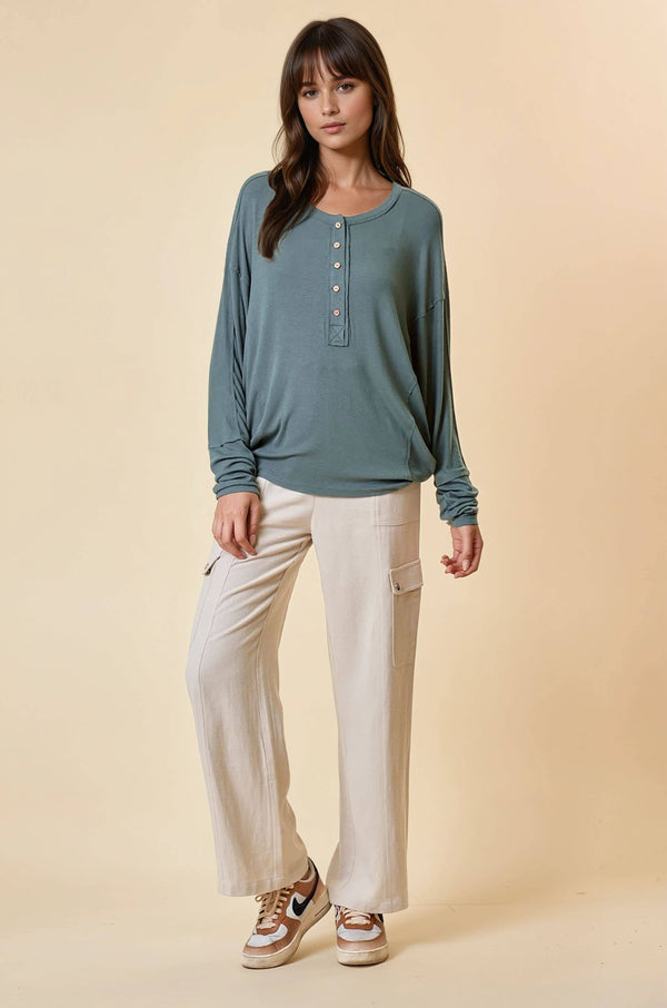 Dolman Sleeve Oversized Henley Top - Dusty Olive