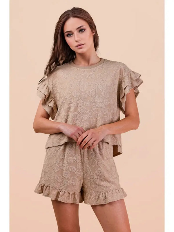Floral Textured Ruffle Knit Set - Taupe