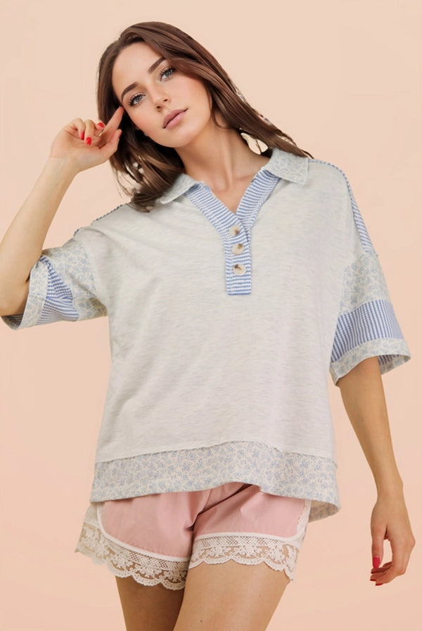 Oversized Collard Knit Top - Gray