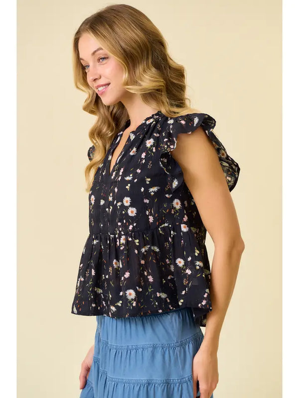 Floral Printed Ruffle Top - Black Multi