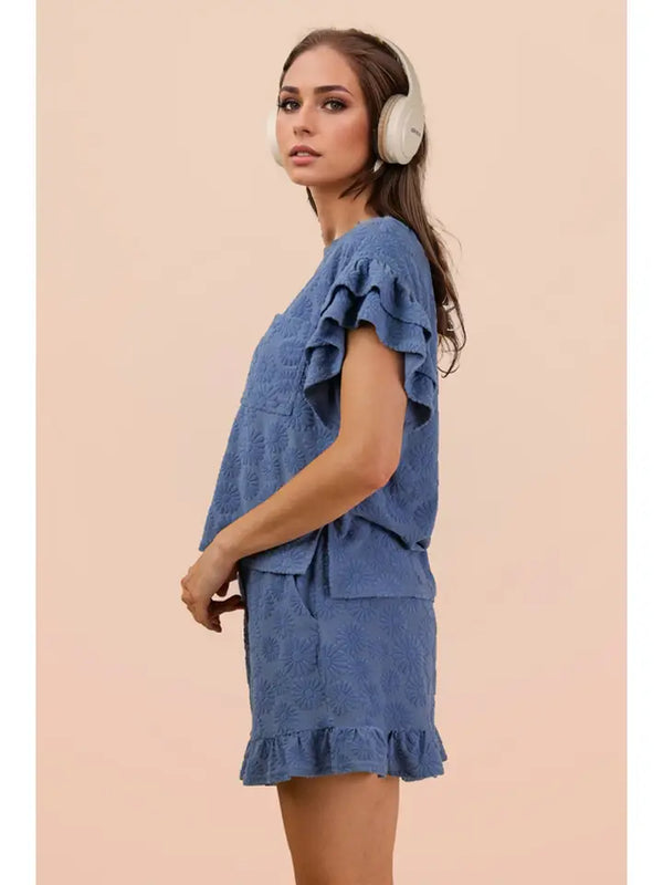 Floral Textured Ruffle Knit Set - Denim