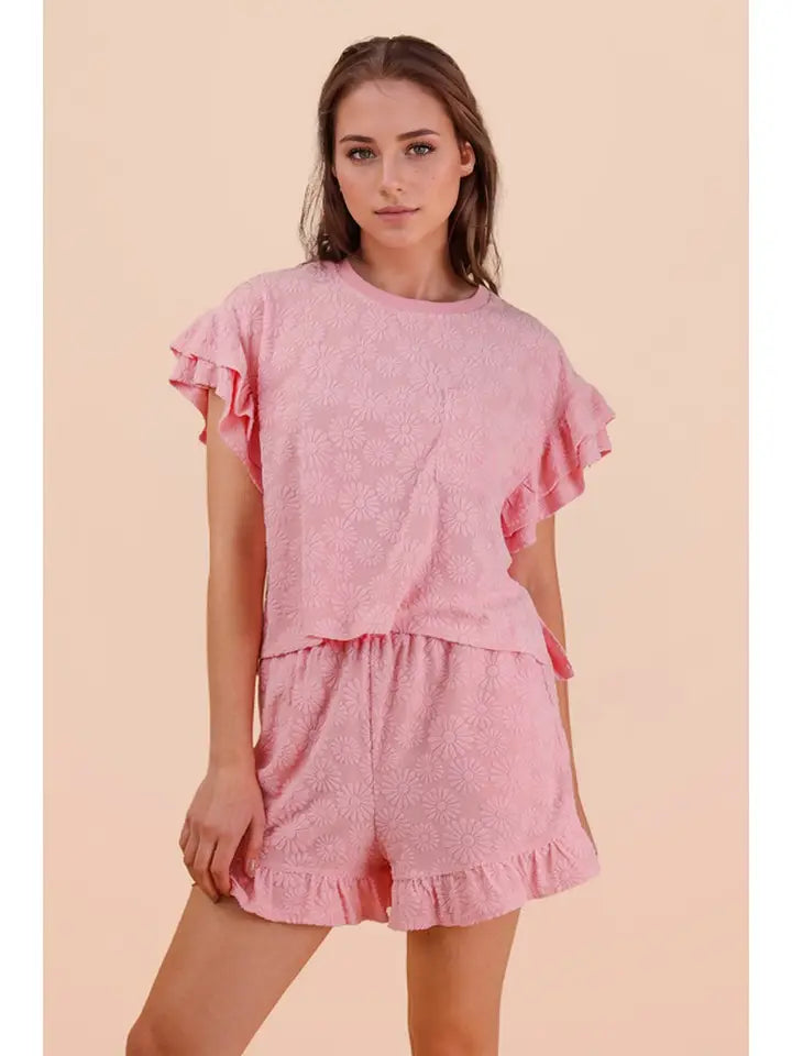 Floral Textured Ruffle Knit Set - Pink