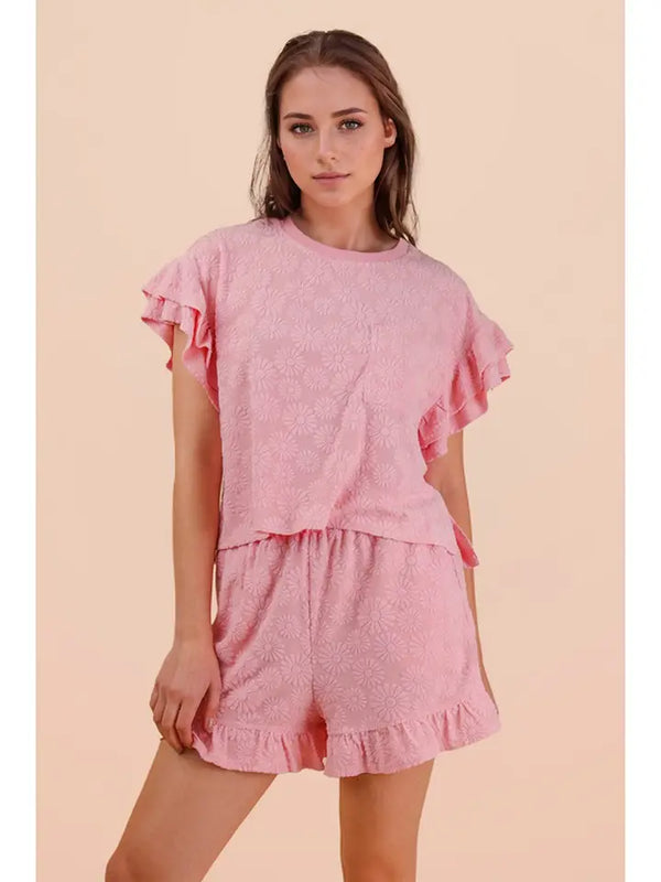 Floral Textured Ruffle Knit Set - Pink