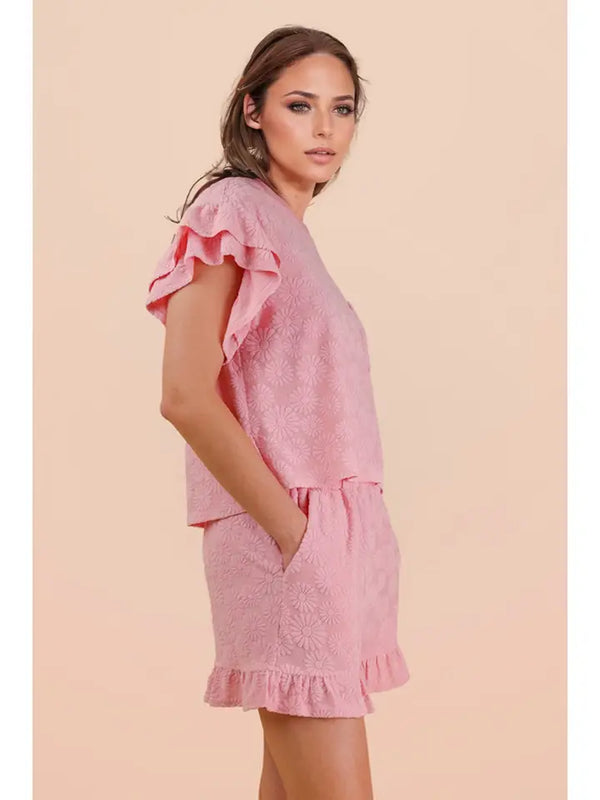 Floral Textured Ruffle Knit Set - Pink