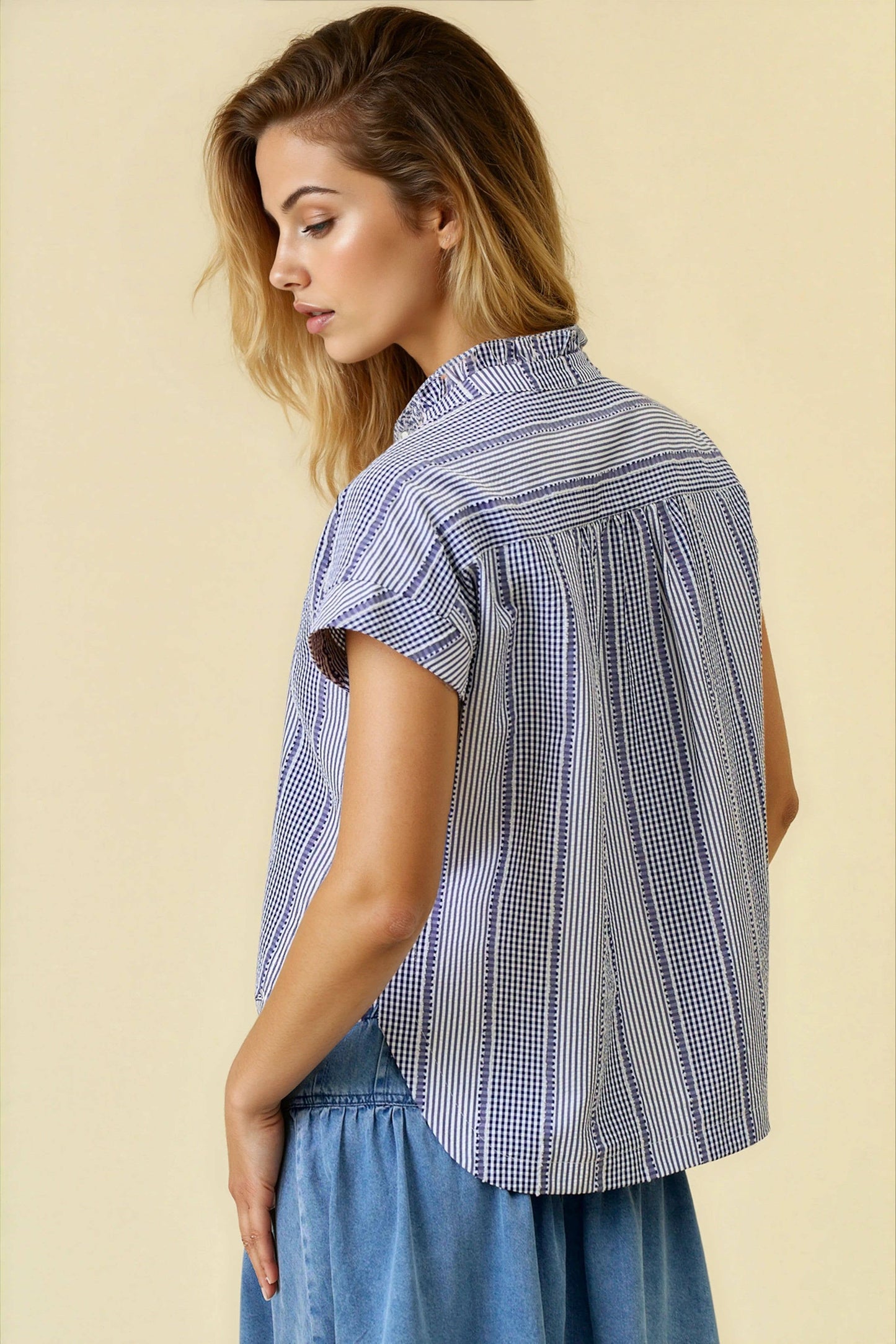 Gingham Ruffle Mix Top - Navy