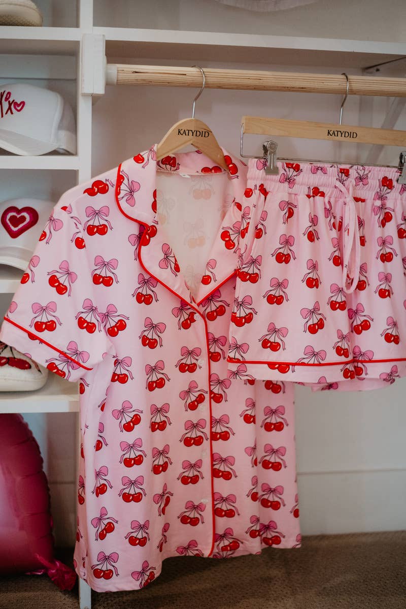Cherry Bow Repeat Pajama Set - Pink