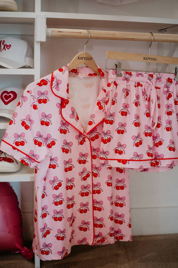 Cherry Bow Repeat Pajama Set - Pink