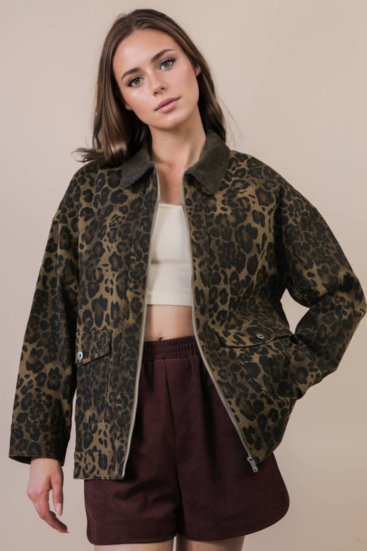 Leopard Print Washed Jacket - Olive