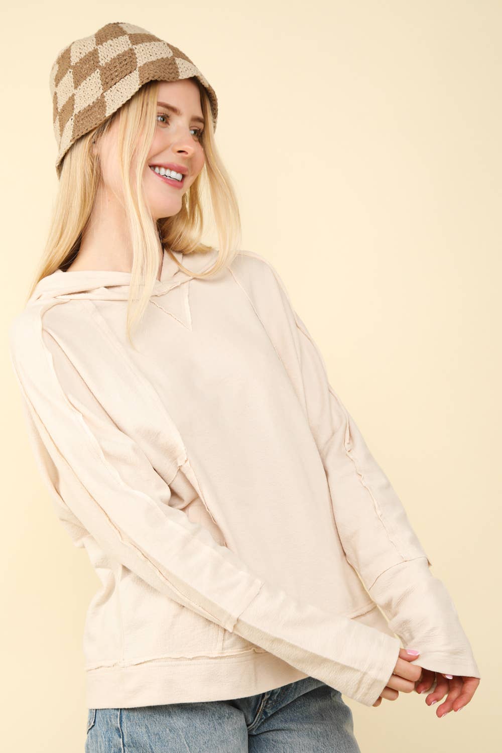 Raw Edge Cute Detail Hoodie Knit Top: Oatmeal