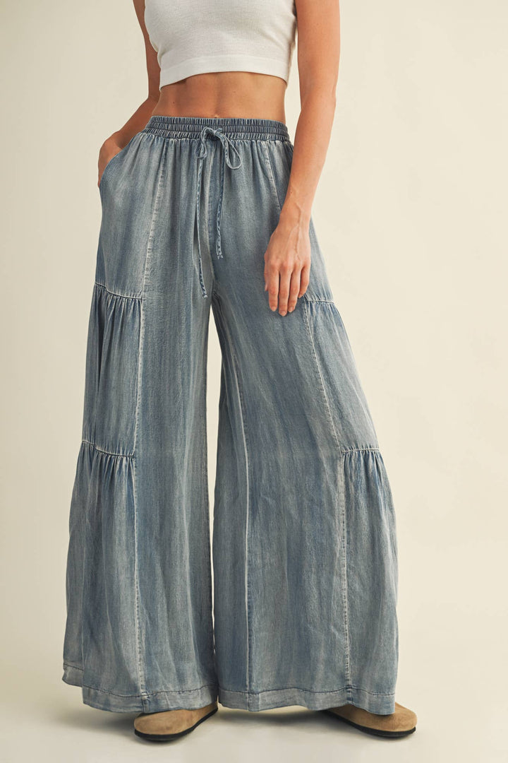 Ruffled Side Washed Denim Wide Leg Pant