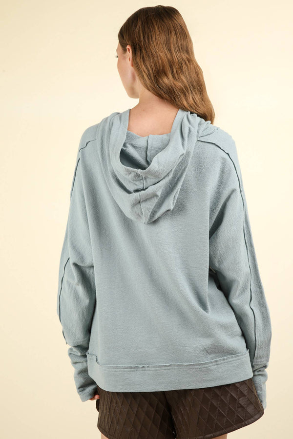 Raw Edge Cute Detail Hoodie Knit Top: Denim Blue
