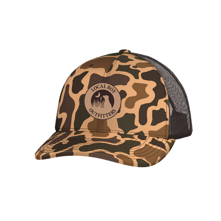 Leather Patch Trucker Hat - Old School Camo