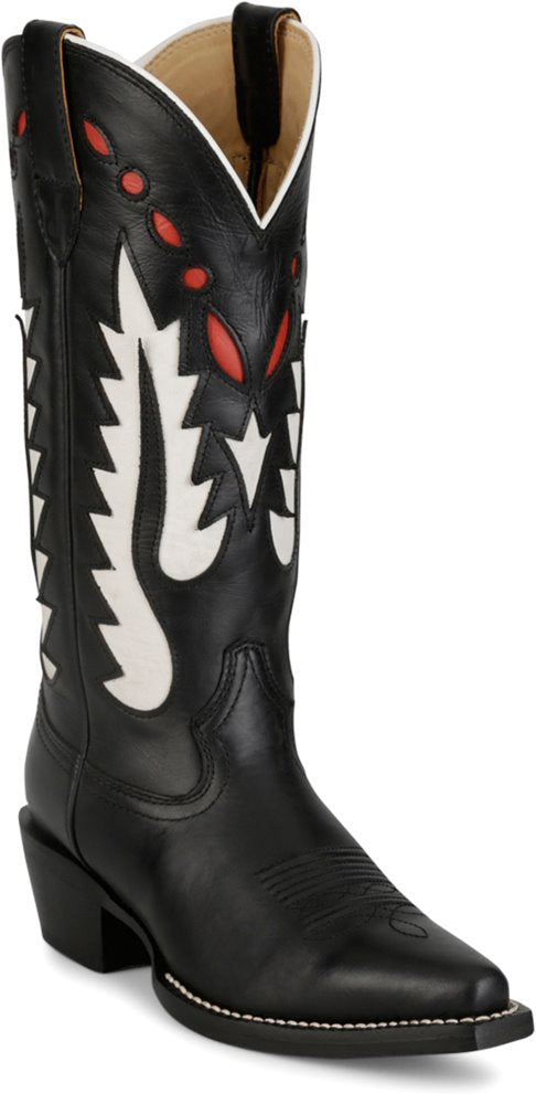 Justin Boots Women's Faye Black Cowhide Boots with White Inlay Design