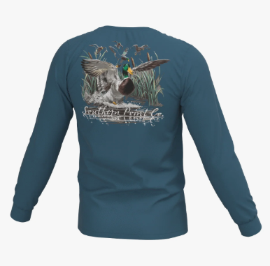 Cupped Ducks Long Sleeve Pocket Tee - Mallard Blue