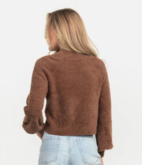 Cropped Feather Knit Sweater - Brown