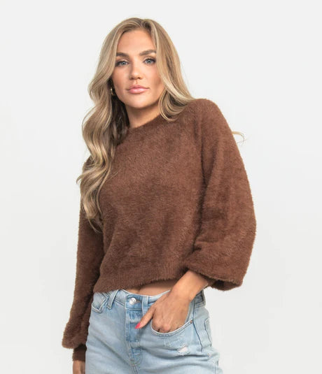 Cropped Feather Knit Sweater - Brown