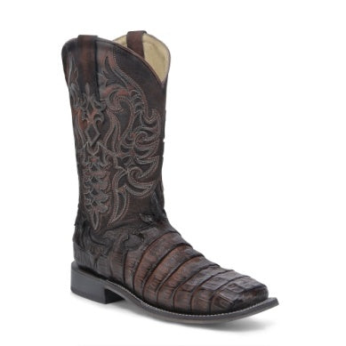 MN TAN/BROWN CAIMAN OVERLAY & EMBROIDERY WIDE SQ. TOE