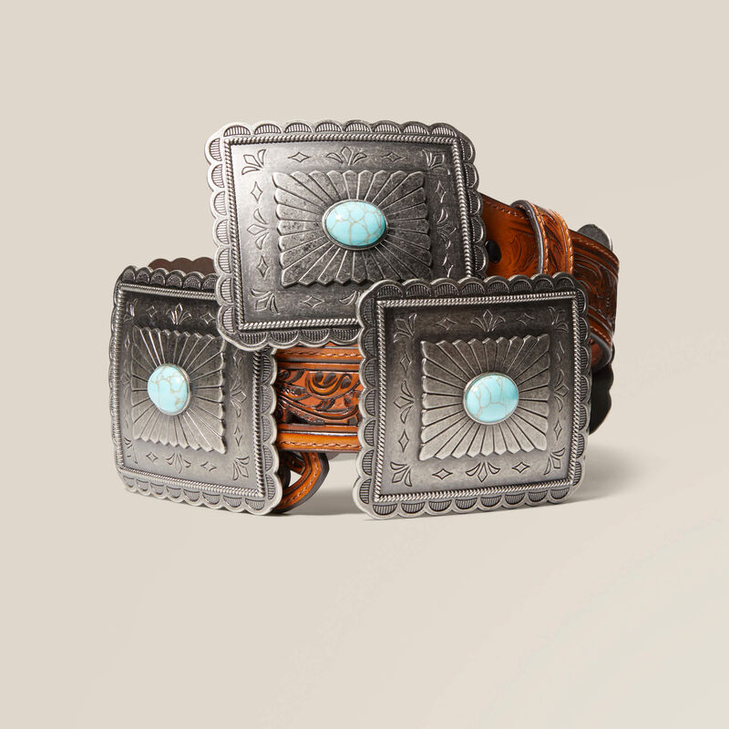 Turquoise Burst Concho Belt - Tan