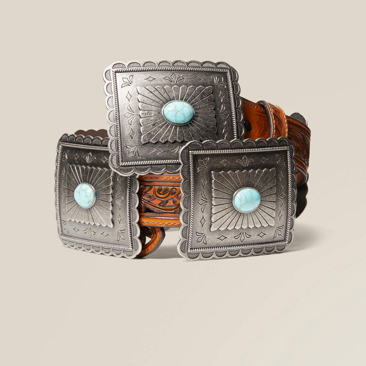 Turquoise Burst Concho Belt - Tan