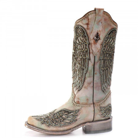 Corral Ladies Turquoise Cross & Wings Overlay & Studs Boots