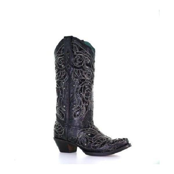 Black Inlay Bone Embroidery & Studs Black Boots