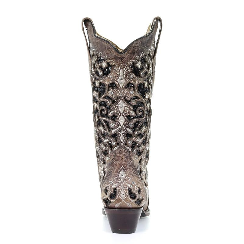 Brown Inlay & Flowered Embroidery w/ Studs & Crystals