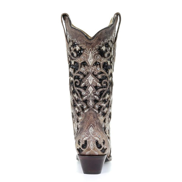 Brown Inlay & Flowered Embroidery w/ Studs & Crystals