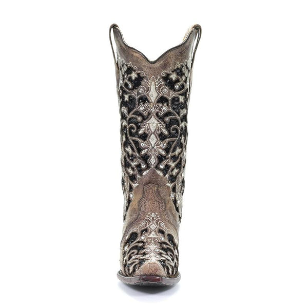 Brown Inlay & Flowered Embroidery w/ Studs & Crystals