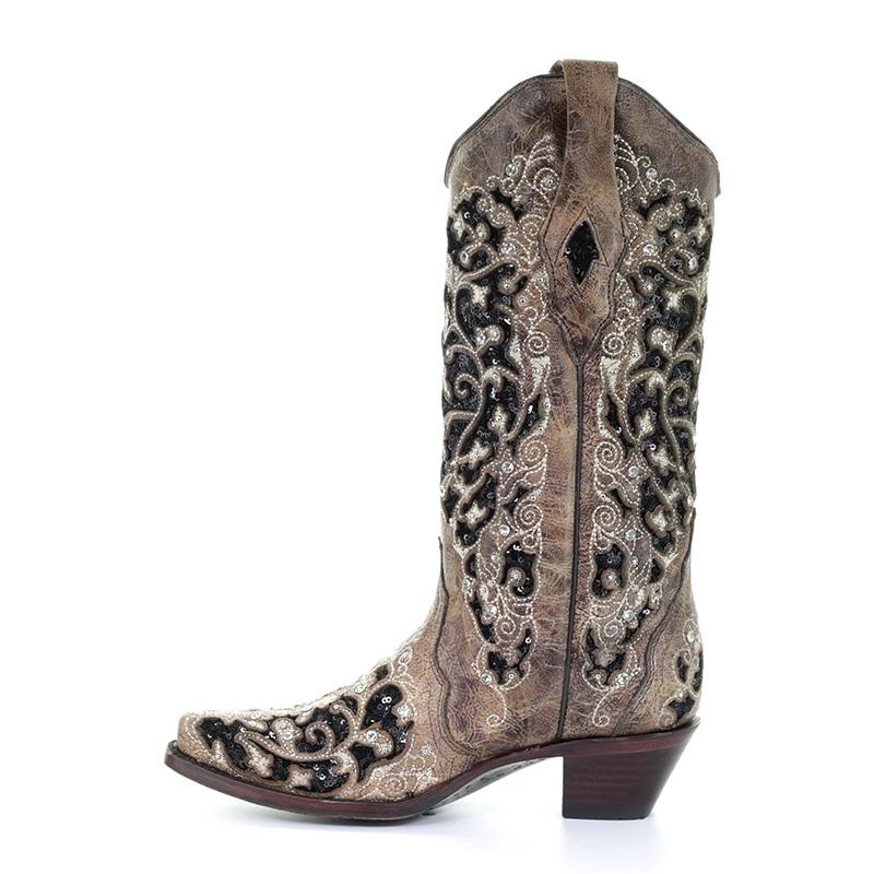 Brown Inlay & Flowered Embroidery w/ Studs & Crystals