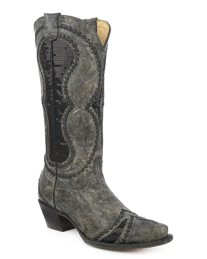 Black and Gray Sequin Vintage Boots