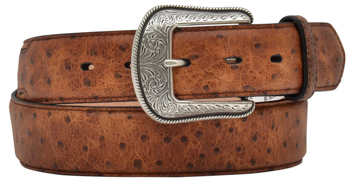 3D Western Belt Mens Overlay Ostrich Feathered Edge Brown