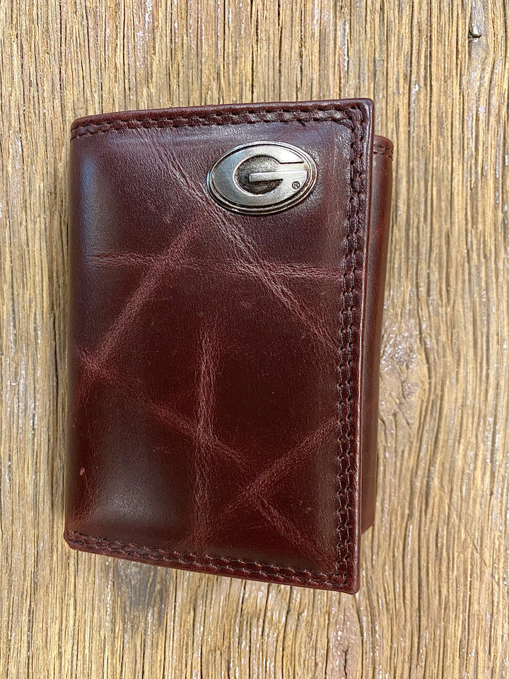UGA Brown Wrinkle Leather Tri-fold Concho Wallet