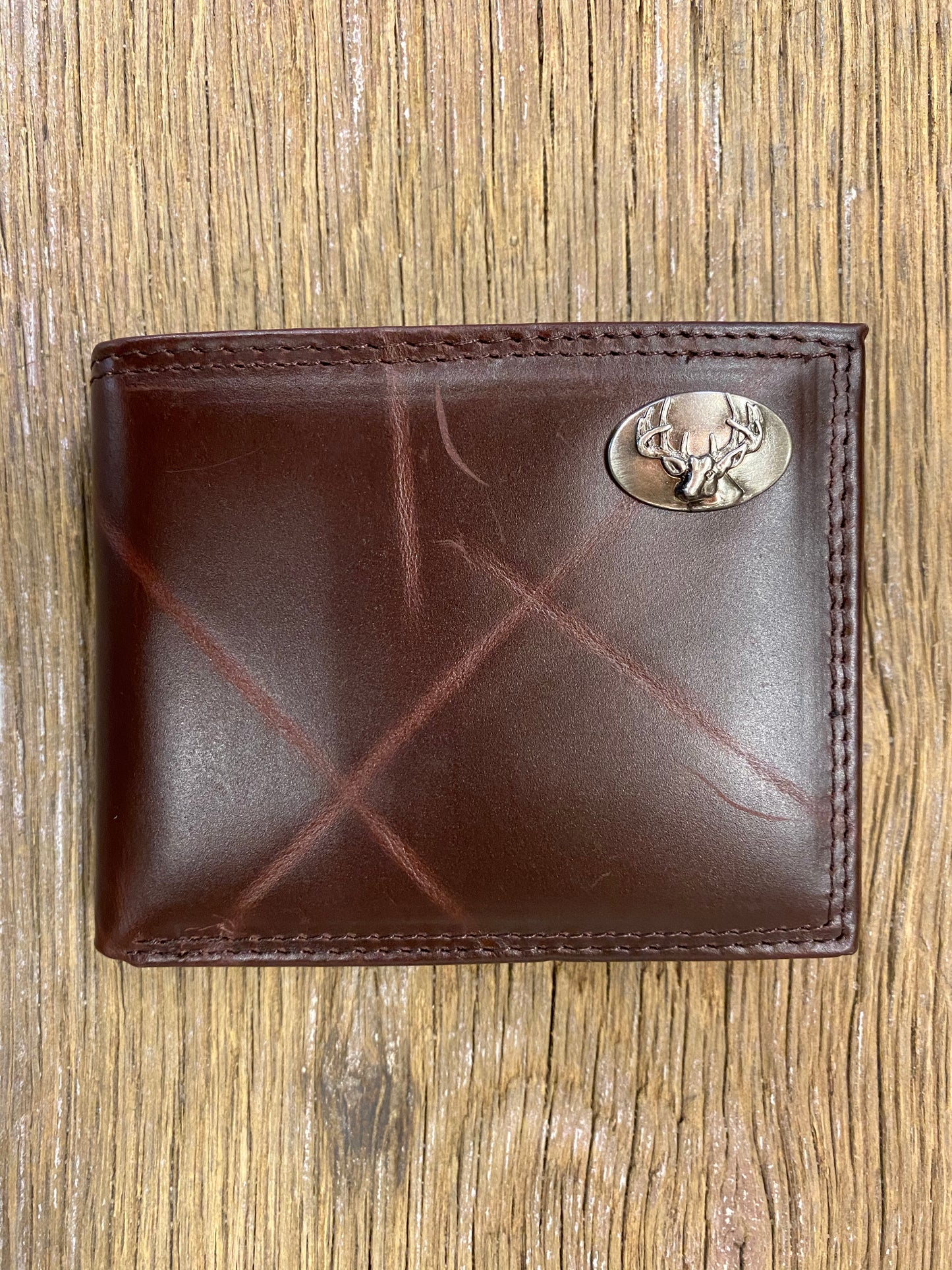 Deer Brown Wrinkle Leather Bi-fold Concho Wallet
