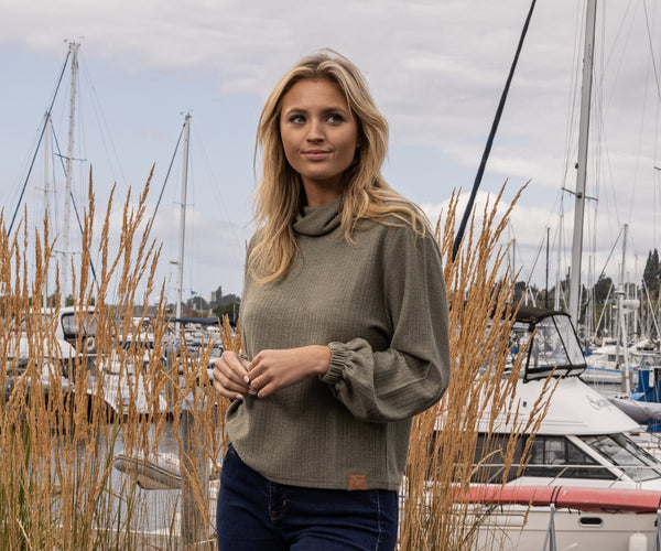 Carolina Cozy Knit Funnel Neck Sweater Olive