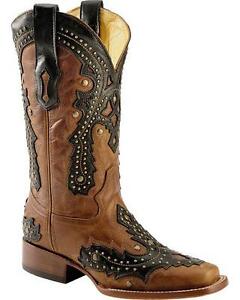 Corral Women's Brown Black Studded Leather Square Toe Boots