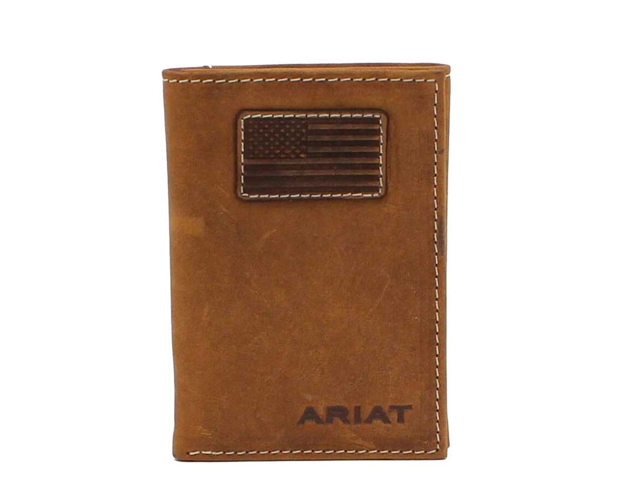 Ariat Men's Brown Flag Patch Tri Fold Leather Rodeo Wallet