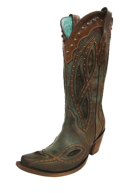 Corral Women's Studded Brown/Blue Narly Fish Inlay Western Boots