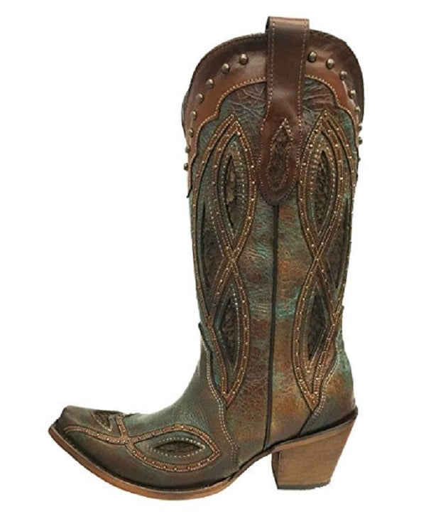 Corral Women's Studded Brown/Blue Narly Fish Inlay Western Boots