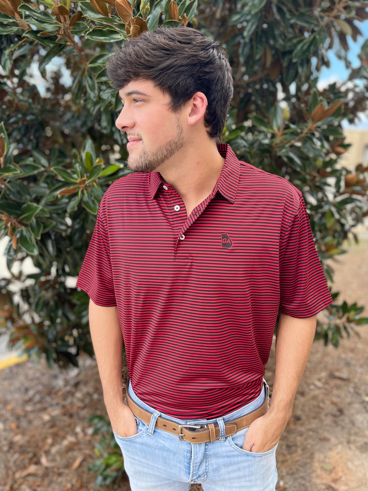 GA State Outline Performance Polo - Black/Red