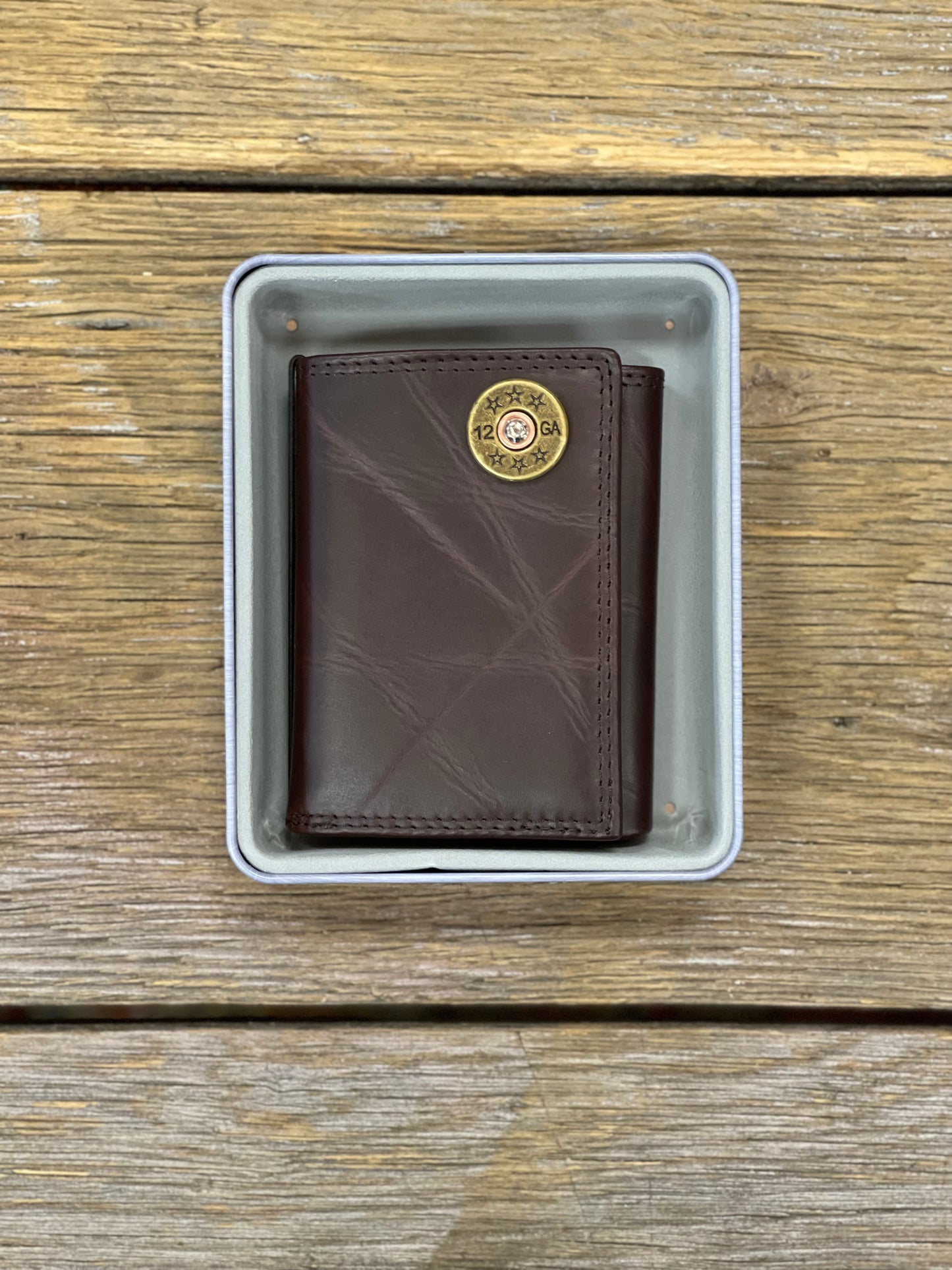 Shotgun Shell Wrinkle Leather Tri-fold Concho Wallet