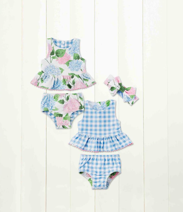 Hydrangea/Gingham Reversible Swimsuit & Headband Set